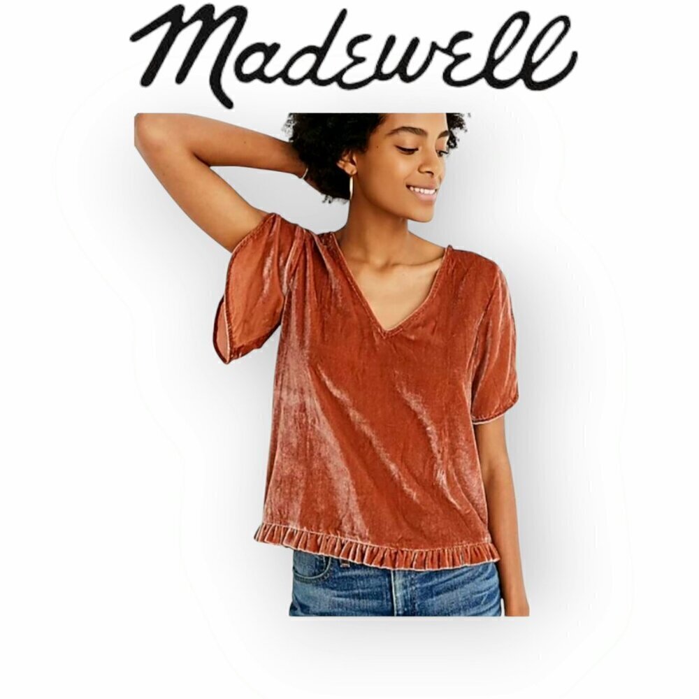 Madewell Pink Velvet Tulip Sleeve V Neck Ruffle Hem Top Womens Small Blouse